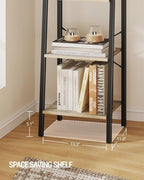 Hzuaneri Ladder Shelf, Bookshelf Bookcase, Freestanding Corner Storage Shelve with 2 Hooks for Home Office, Living Room, Kitchen, Bedroom, Industrial, 11.8" D x 13.4" W x 72.8" H, Greige BC13305B