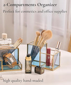 FONDAZZA Gold & Blue Glass Desk Organizer - Elegant Office Decor, Aesthetic Makeup Brush Holder, 2-Compartment Pen Holder, Pencil Cup, Vanity & Cosmetic Storage, Desk Accessories for Women