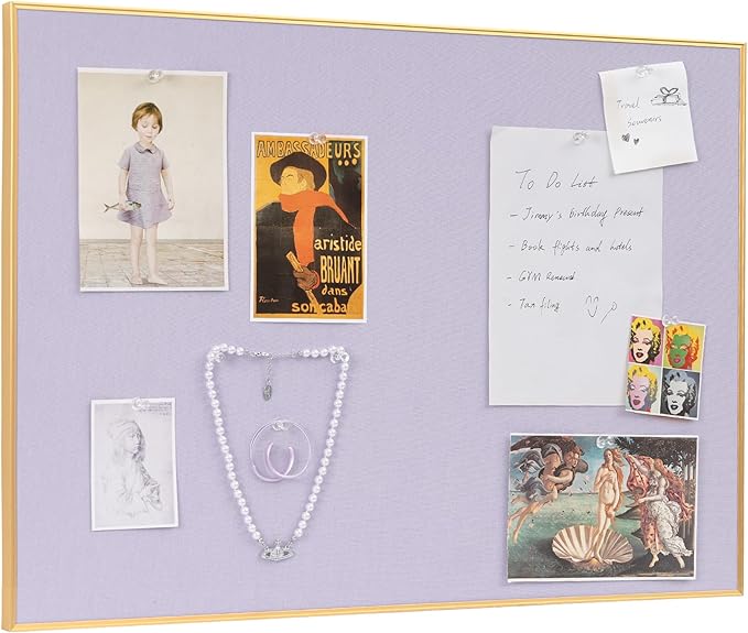 Lightomorrow Bulletin Board 30 x 20 inches, Light Lavender Pin Board, Golden Aluminum Framed Fabric Cork Board with 10 Push Pins