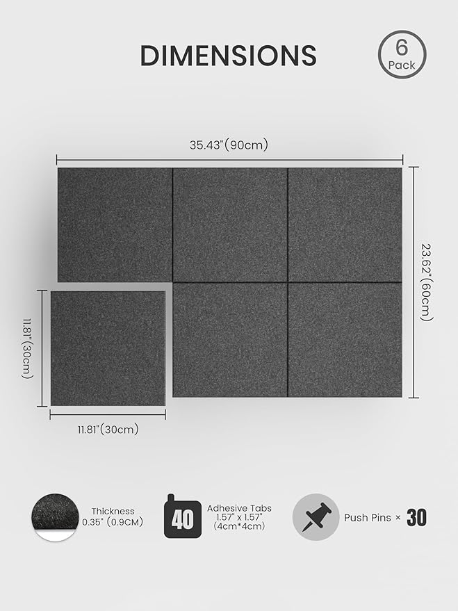 Bumusty Large Cork Board 36"x24" Alternative - 6 Pack Felt Wall Tiles with 40 Safe Removable Adhesive Tabs, 30 Pushpins, Cork Boards for Walls Pin Board Bulletin Board Office Decor (Charcoal Gray)