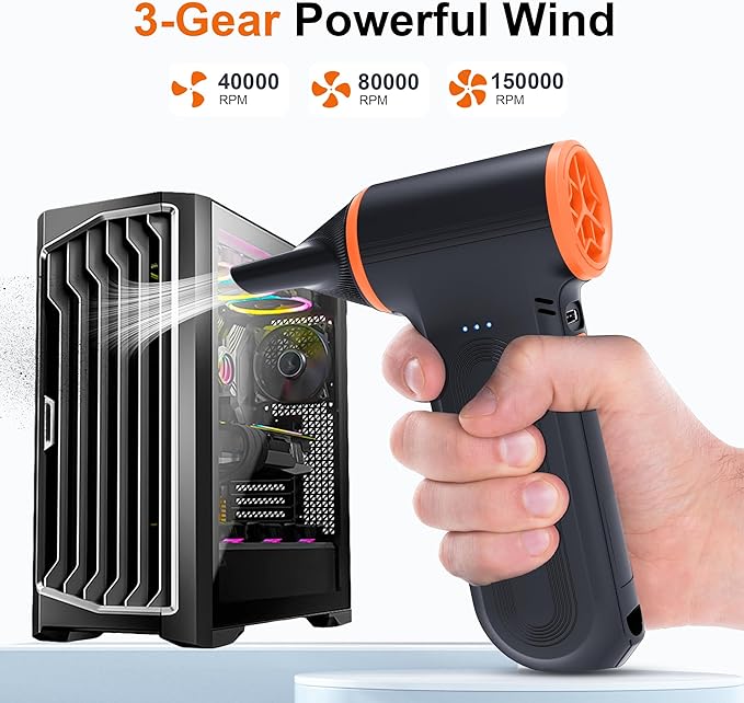 JUFINX X117 Compressed Air Duster-150000RPM Super Power Snow Blower, 3-Gear Adjustable Mini Blower with Fast Charging, Electric Air Duster for Leaves,Snow,Computer, Keyboard, House, Outdoor,and Car