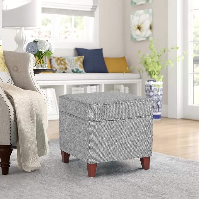 Asense 17 Inch Square Storage Ottoman,Small Foot Rest Stool for Couch, Linen Fabric Upholstered Footstool Cube for Entryway Bedroom Living Room, Light Grey