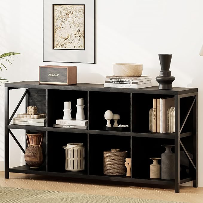 VAKATRELL 8 Cube Storage Organizer Bookshelf, Industrial Horizontal Bookcase, Accent Cubby Shelf, Media Console Table for Living Room, Home Office, 13.6" D x 63" W x 30.9" H, Black