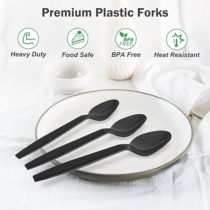 Dealusy 360 Count Black Plastic Spoons Disposable, BPA-Free, Heat Resistant, Solid and Durable Disposable Spoons Heavy Duty Bulk, Premium Spoons plastic disposable for Party Supply