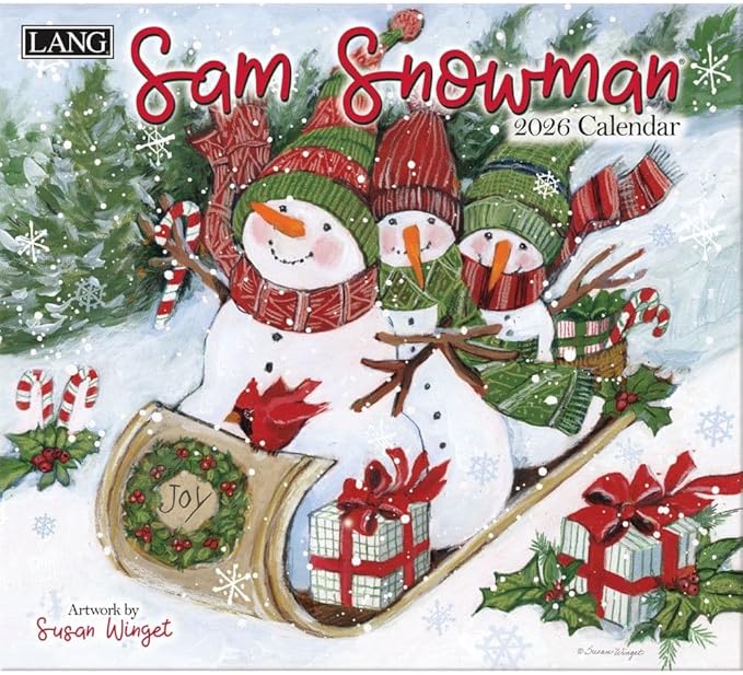 Lang Sam Snowman 2026 Wall Calendar – 12-Month Calendar with Stapled Binding, Whimsical Snowman Artwork by Susan Winget, 13.4" × 12"