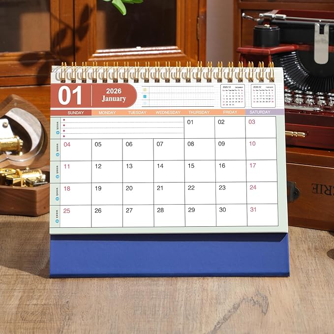 Small Desk Calendar 2026, Standing Flip Desktop Calendar from Now to December 2026 - Metal Ring Twin-Wire Binding Monthly Desktop Calendar for Home Office School (Blue)