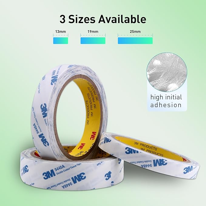 Double Sided Tape 9448A 1/2" x 33Ft Pack of 3 Made of 3M Super Sticky Adhesive Tape Ultra Thin Translucent Tissue Tape for Laptop Cell Phone Repairs Arts Crafts