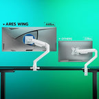 ARES WING Ultrawide Monitor Arm White for 17 to 49 Inch Heavy Duty Curved Screen, Holds 44 Lbs, Adjustable Gas Spring Monitor Arm Desk Mount with C Clamp, Grommet Base, 75/100 Vesa Mount