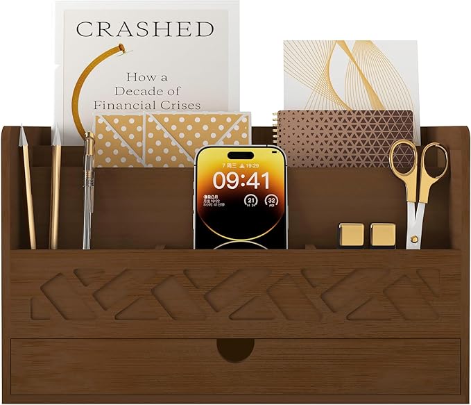 Bamboo Mail Organizer Countertop Desktop With Drawer - All-in-One Desk File Organizer for Office Supplies Storage With Pencil Holder (Walnut)