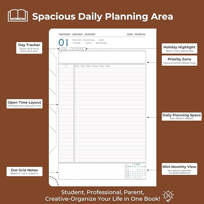 IN-luxpro Daily Planner 2026 with One Page Per Day,(A5-8.5" x 5.9"),12 Months Calendar Hourly Appointment Book Monthly Tabs & Self-adhesive Pen Holder,Inner Pocket, Vegan Leather Hardback,Brown