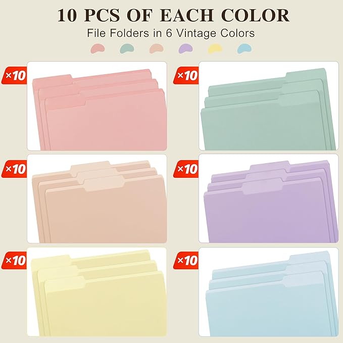 Color File Folders, 1/3-Cut Tabs, Letter Size, 6 Colors Organizer File Folders for School Home Office Business (60, Pastel Colors)