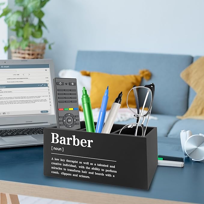 QZQE Barber Definition Pen Pencil Holder Organizer for Desk, Salon Barbershop Decor, Modern Minimalist Barber Shop Wooden Box Signs Decorations for Home Office Desk Tabletop