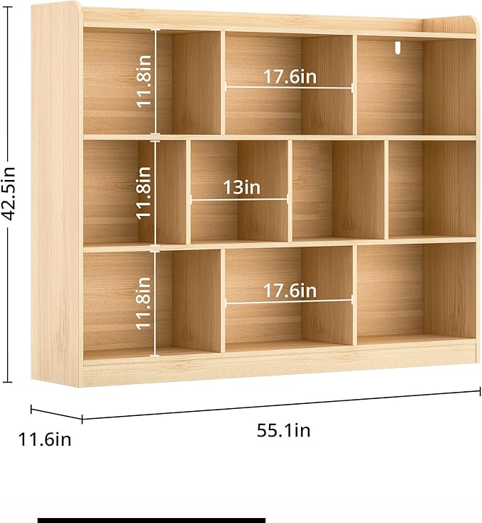 DIYART Oak Bookshelf, Wood Bookcase with 3 Tier Open Shelves, 10-Cube Minimalist Storage Shelf for Living Room, Bedroom, 55.1" W x 42.5" H