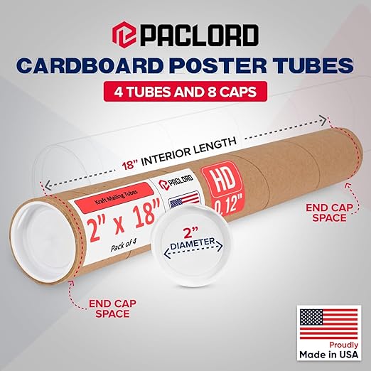 Paclord 2" x 18" Heavy-Duty Reinforced Cardboard Mailing Tube, Pack of 4 Tubes with 8 Caps – Secure USPS Approved – Great for Shipping and Storing of Prints, Artwork, Posters or Documents