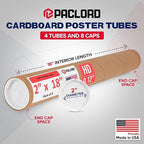 Paclord 2" x 18" Heavy-Duty Reinforced Cardboard Mailing Tube, Pack of 4 Tubes with 8 Caps – Secure USPS Approved – Great for Shipping and Storing of Prints, Artwork, Posters or Documents