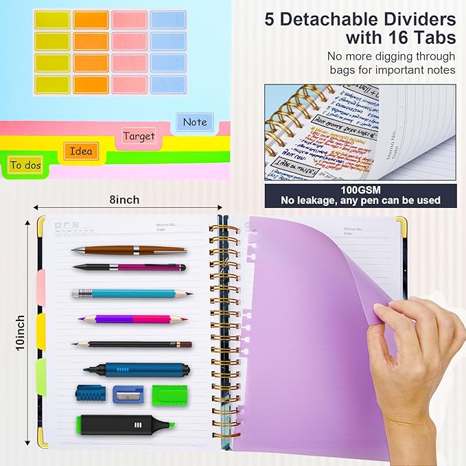 Spiral Journal Notebooks for Work, 300 Pages 5 Subject Notebook College Ruled with Dividers & Tabs, 8''x 10'' Large Notebook Journal for Women Students Note-Taking and Organizer (Navy Marble)