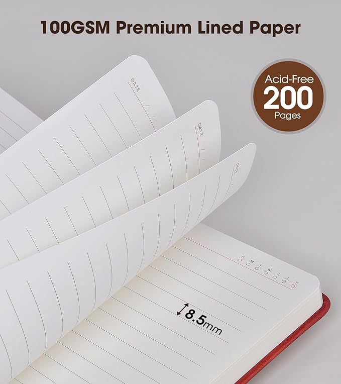 vfaejll Red A5 Lined Leather Journal Notebook for Men Women,5.9" X 8.4" Personalized Hardcover Journal with Pen,200 Pages 100 Gsm Thick Ruled Paper Daily Diary for Travel,Business,Work,Writing