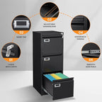 AFAIF 3 Drawer File Cabinet with Lock, Metal Filing Cabinets for Home Office, Vertical Black Locking File Caninet, Steel Narrow Three Drawer File Cabnet for Letter/Legal / A4 / B4- Assembly Required