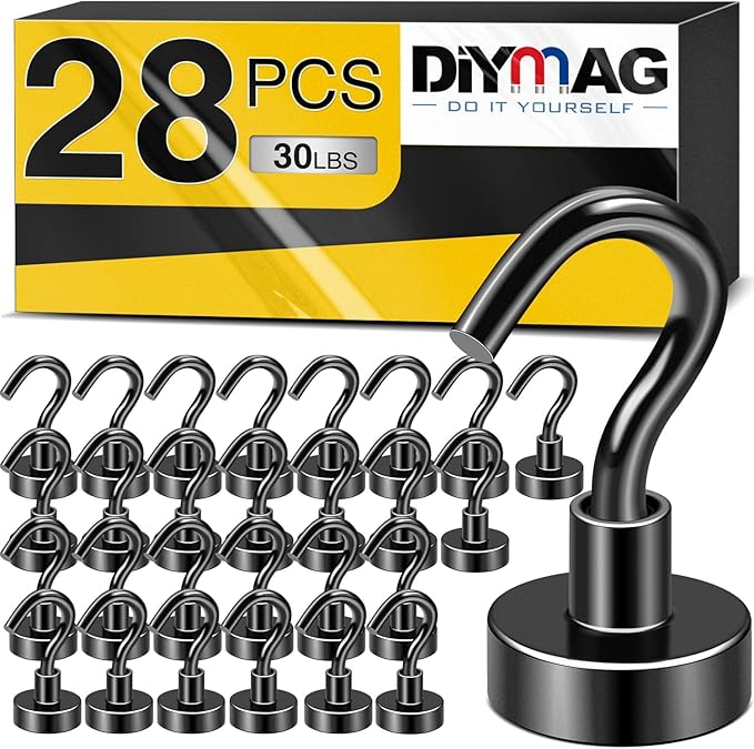 DIYMAG Magnetic Hooks, 28pack Magnet Hook Essentials Strong Heavy Magnetics for Kitchen Refrigerator Hanging Classroom Cruise Cabins Locker Accessories Cubicle Black
