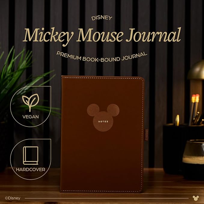 Happy Planner Disney Mickey Dot-Grid Journal for Office, School, or Journaling, Vegan Leather Notebook, A5 Size, 80 Pages, Espresso