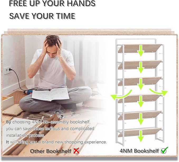 4NM No Assembly 6 Tiers Folding Bookshelf Storage Shelves Vintage Bookcase Standing Racks Study Organizer Home Office (Natural White)
