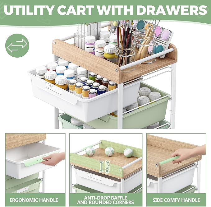 Rolling Storage Utility Cart With 4 Drawers,Kids Craft Art Cart,Makeup Organizer And Storage with Wooden Tabletop,Green