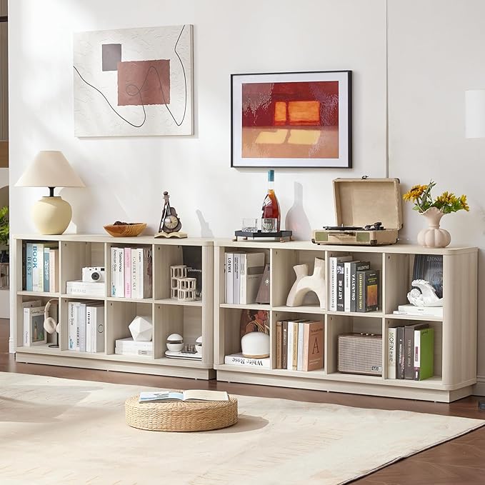 Joaxswe 8 Cube Storage Bookcase, 52" Long Horizontal Book Shelf w/Curved Edge, Wood Low 2-Tier Cubby Console Bookshelf with Base, Modern Floor Standing TV Stand for Living Room, Grey-White Cream Oak
