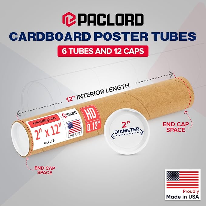 Paclord 2" x 12" Heavy-Duty Reinforced Cardboard Mailing Tube, Pack of 6 Tubes with 12 Caps – Secure USPS Approved – Great for Shipping and Storing of Prints, Artwork, Posters or Documents