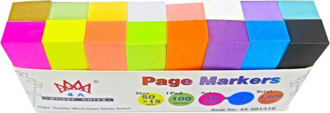 4A 2 Packs Sticky Note Tabs Flags 0.6 x 2 Inches, 16 Colors, Small Sticky Notes Page Markers Book Index Tabs for Office School Supplies, 100 Sheets/Pad, 16 Pads/Pack, 3200 Sheets Total, 4A 501516x2