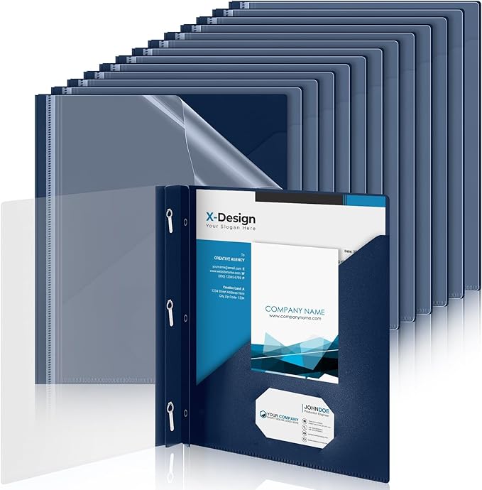 Teling 24 Pcs Clear Front Report Covers with 3 Prongs, Plastic Navy Blue Presentation Folders Bulk with 3 Pockets for A4 and Letter Size Paper, 90 Sheet Capacity, Document Covers for School Business