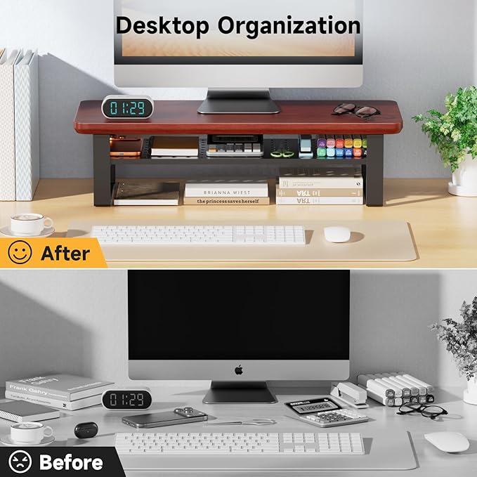 NestNeat Monitor Stand Riser, 24 Inch Computer Monitor Stand for Desk, 2-Tier Wood Desk Shelf Organizer with Storage, Desktop Stand for Laptop/Screen/PC/Printer, Ergonomic Home Office Monitor Stand