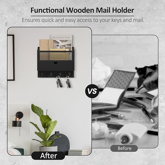 Nekon Mail Organizer with Drawer for Wall, 12"W x 10"H x 3.1"D Mail Sorter Wall Mounted, Wooden Key Holder Wall File Organizer Letter Sorter for Letter Magazines (Black)