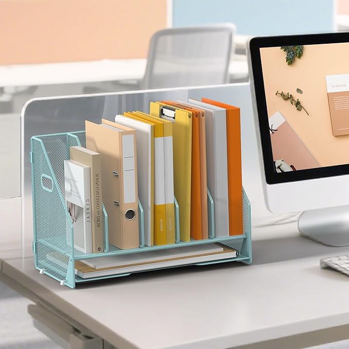 OrgMate Desk File Folder Holder Organizer-5 Vertical Compartments Racks and Paper Letter Tray,Mesh Magazine File Holder Sorter,Desktop Accessories & Workspace Organizers for Home,Office,School-Blue