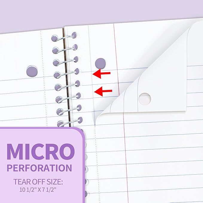 SUNEE Spiral Notebook, 1-Subject, Wide Ruled Paper, 8" x 10-1/2", 100 Sheets per Notebook, 3-Hole Punched Paper, Water Resistant Cover, Double-sided Pockets, Spiral Lined Notebooks for School, Purple