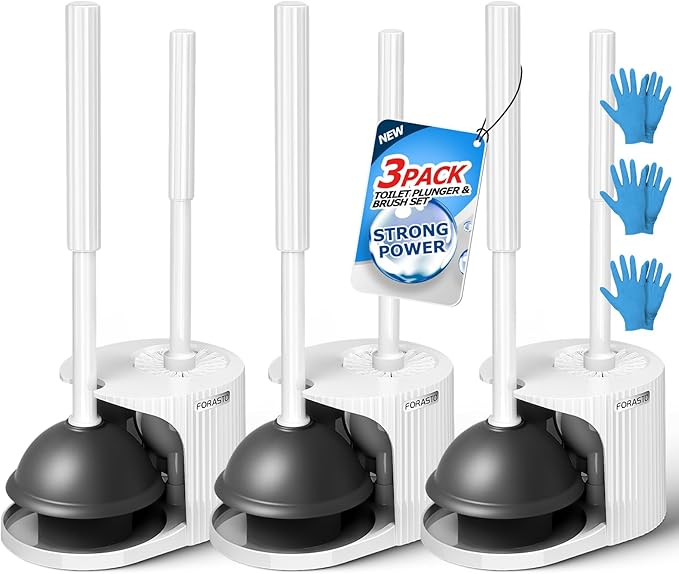 FORASTO 3Pack 2 in 1 Toilet Brush and Plunger Set, Extended Handle Plunger,Toilet Bowl Brush Plunger Set,Bathroom Cleaning Tools,Toilet Brush Plunger Combo,Cleaning Brush,Cleaning Supplies, White