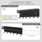 Lwenki Key Holder for Wall – Decorative Stainless Steel Key Hanger with 6 Hooks for Hats, Bags, Leashes – Mail Holder Key Rack with Mounting Hardware and Guide (9.65” x 2.8” x 2.2”) (Black)