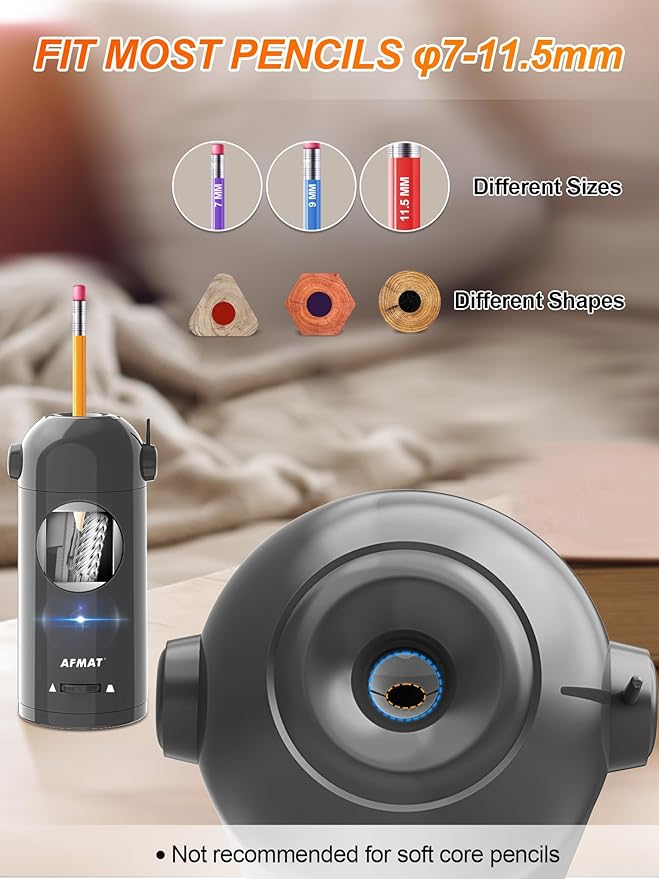 AFMAT Electric Pencil Sharpener, Fully Automatic Pencil Sharpener for 7-11.5mm Colored/Jumbo Pencils, Auto in & Out, Rechargeable Hands-Free Pencil Sharpeners for Classroom Home Office PSX5, Gray
