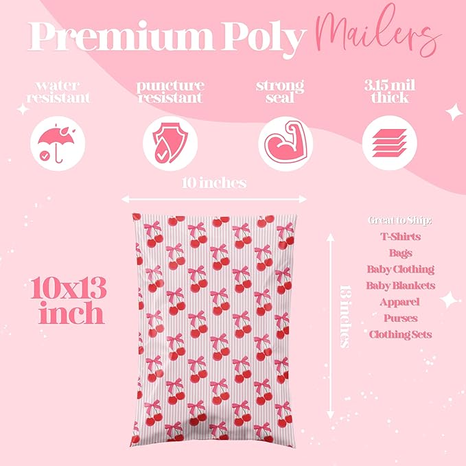 Pretty Package Store 10x13 Designer Poly Mailer 100 Pack Heavy Duty Waterproof Self Seal Shipping Bags for Small Business Large Mailing Envelopes Bulk Tear Resistant Packaging Pink Stripe Cherry Fruit