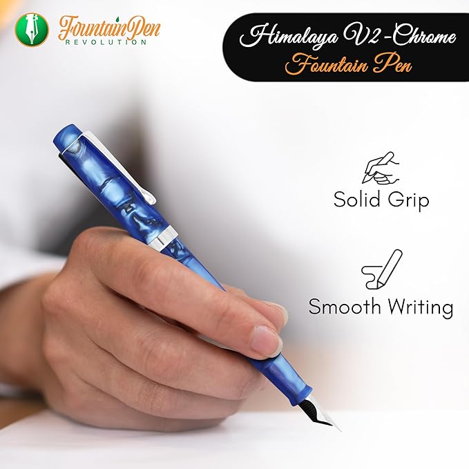 FPR Himalaya V2-Chrome Ultra Flex Nib Pen - Twist-Style Converter Filled Calligraphy Pens for Writing-Fancy Pens for Men & Women- Flex Fountain Pen w/Metal Clip & Cap Ring (Indigo Blue Acrylic)