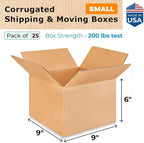 Small Moving & Shipping Boxes 9"L x 9"W x 6"H (25-Pack) - Extra Strength 200 lb vs Regular - Corrugated Boxes for Packaging - Moving Box for USPS, FEDEX - Heavy Duty Shipping Box by IDL Packaging