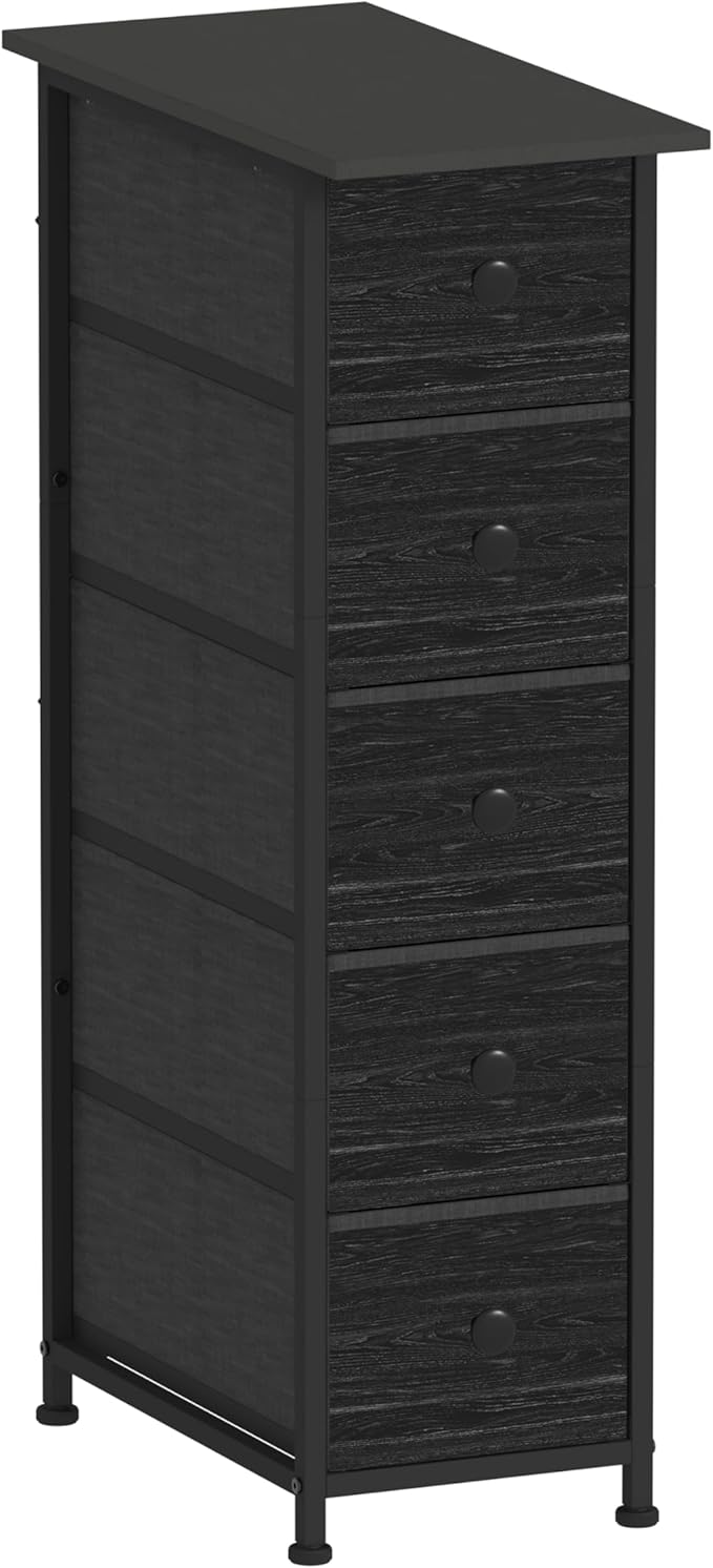 GiftGo Narrow Dresser Vertical Slim Dresser Chest of Drawers Skinny Storage Tower for Small Spaces Gaps Closet Bedroom Bathroom Small Fabric Drawer Unit (Charcoal Black, 5 Drawers)