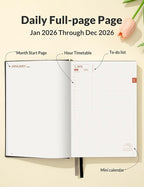 SUNEE 2026 Daily Planner A5 Hardcover – Hourly Schedule Organizer with Monthly Tabs & Task Tracker – Black Cover Time Management Notebook for Work, School, Personal Goals