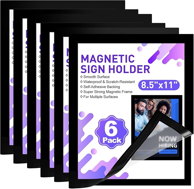 6 Pack Magnetic Sign Holder, 8.5" x 11" Magnetic Wall Mount Sign Holder, Self-Adhesive Magnetic Document Display Picture Frames for Wall, Door, Refrigerator