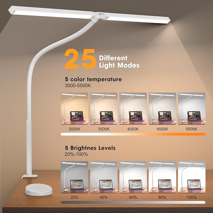 Pzloz Led Desk Lamp for Office Home - Eye Caring Architect lamp with Clamp,Dual Screen Computer Monitor Work Smart Light: 24W 5 Color Flexible Adjustable Lighting Table Lamp for Study White