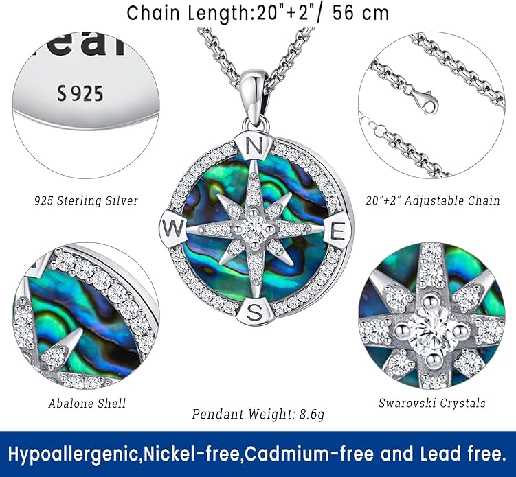 Compass Necklace for Women Men 925 Sterling Silver Pendant Urn Necklaces for Ashes Picture Locket Necklace Anchor Necklace Viking Necklace Crystals CZ Moonstone Abalone Shell Turquoise Compass Jewelry