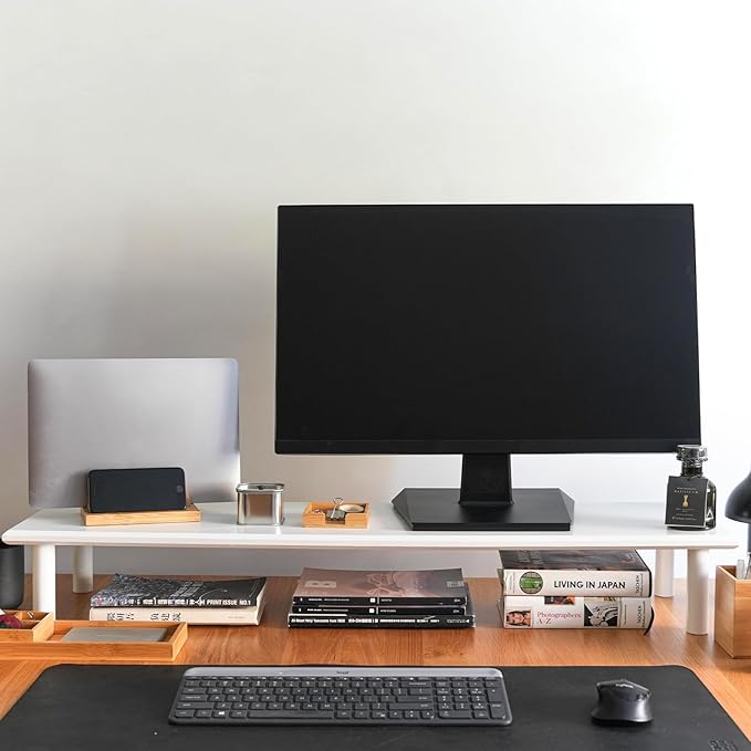 ROCDEER Bamboo Dual Monitor Stand Riser White, Desk Monitor Riser for 2 Monitors, Supports for PC Computer Monitor, Printer, Heavy TV Riser up to 300 lbs, White
