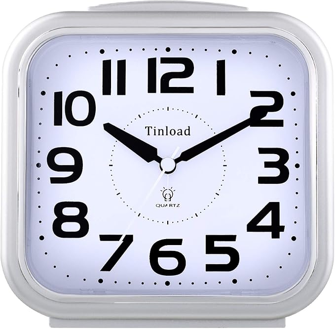 Tinload 5.5" Large Analog Alarm Clock Silent Non Ticking, Gentle Wake, Beep Sounds, Increasing Volume, Battery Operated Snooze and Manual Light, Easy Set, Silver