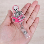How to Be A Nurse Funny Skeleton Book Nurse Badge Reel, Cute Pink Radiology X-ray Retractable ID Card Medical Badge Holder, Name Tag Badge Buddy for RN LPN CNA MA Nursing Student Medical Workers