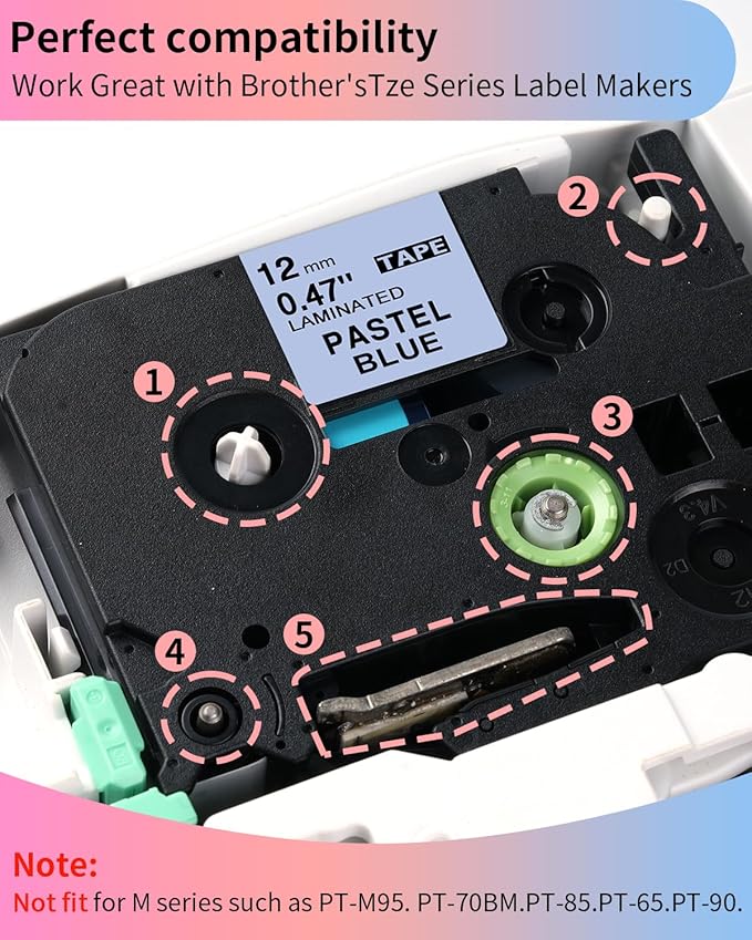 5-Pack Compatible Brother P Touch Label Tape TZe 12mm 0.47 Laminated TZ Tape Colored Label Maker Refills, for Brother Ptouch PT-D210 D220 H110 D400 1000 1280 Printer, White/Berry Pink/Purple/Pink/Blue