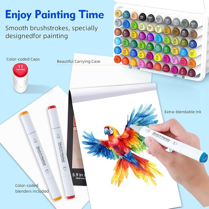 HOMSAILMO 80 color liquor base mark, double pointed (chisel and fine) permanent painting mark, suitable for adult coloring books, sketches, illustrations, with transparent box